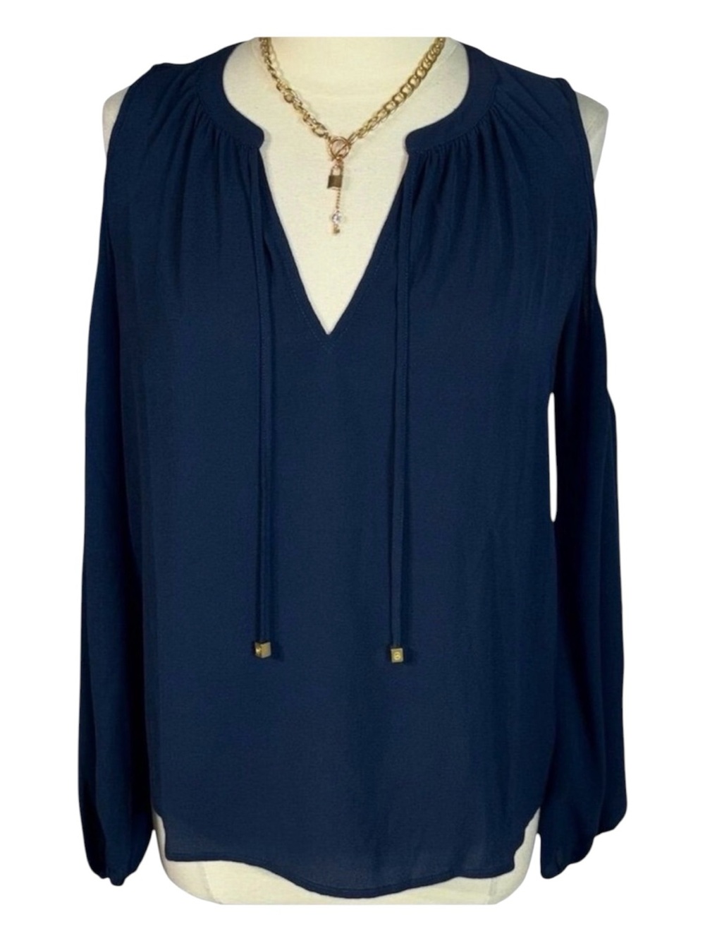 NWT Michael Kors Blue Tie Front Cold Shoulder Long Sleeve Blouse